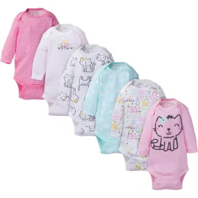 6-Pack Baby Girl Long Sleeve Kitty Onesies Brand Bodysuits