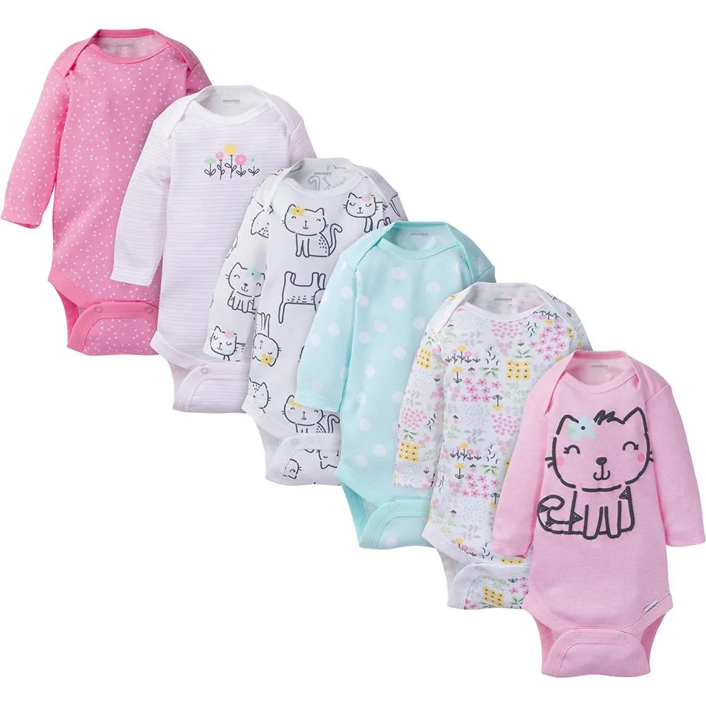 6-Pack Baby Girl Long Sleeve Kitty Onesies Brand Bodysuits