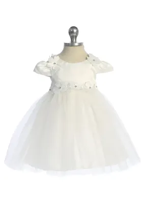 Capped Sleeve Satin & Tulle Baby Dress with Floral Trim