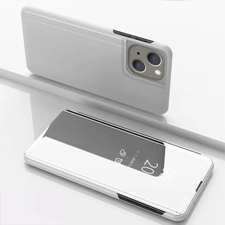 Compatible with iPhone 15 Plus - Silver Plated Mirror Flip Leather Case with Holder | Sleek Design, Robust Protection, Artistic Electroplating | Horizontal Viewing Stand, Easy Access to Buttons