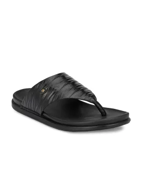 Hitz Men's Black Leather Open Toe Indoor Outdoor Slippers