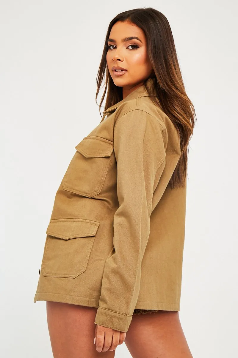 Khaki Front Pocket Full Length Denim Jacket - Jenna