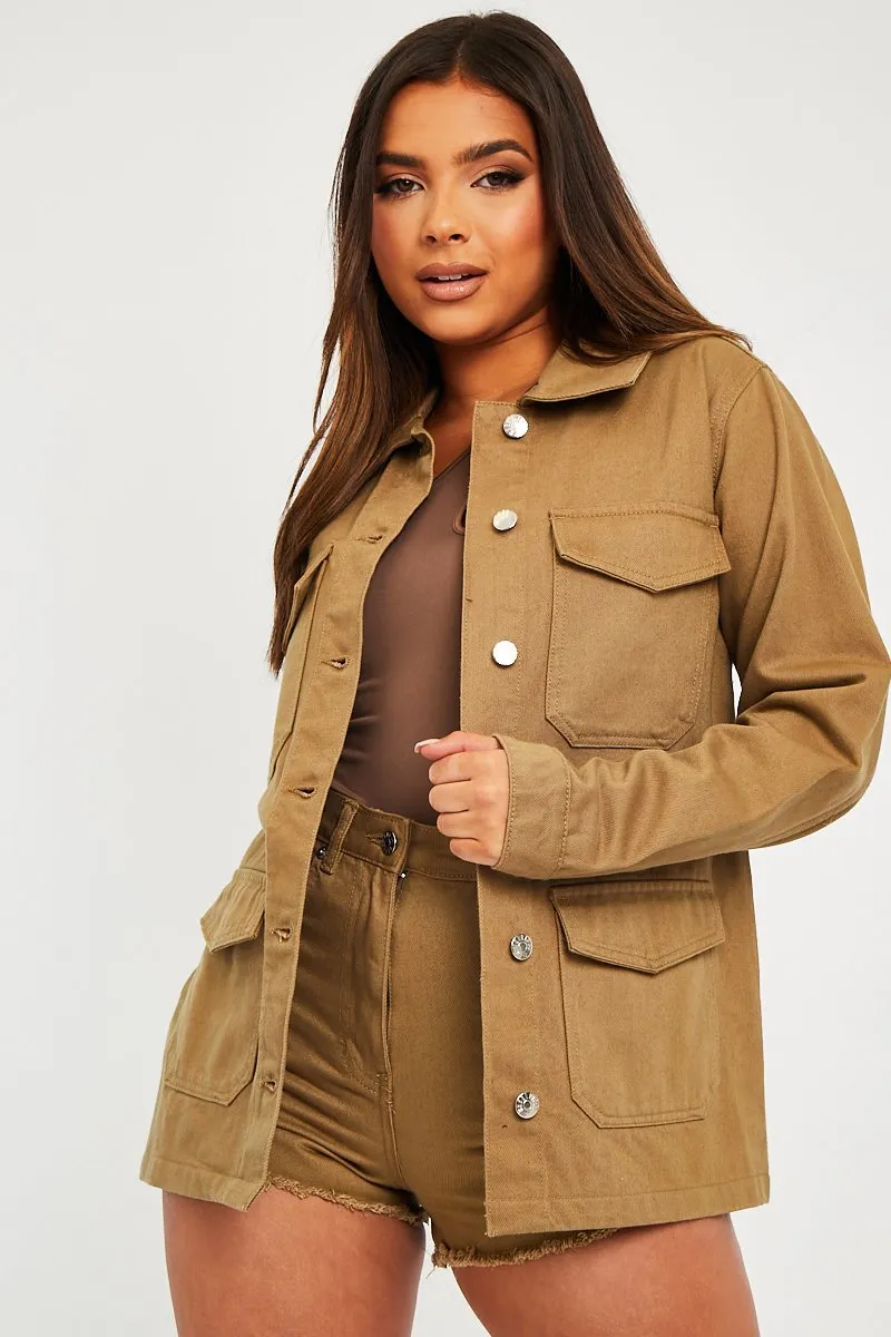 Khaki Front Pocket Full Length Denim Jacket - Jenna