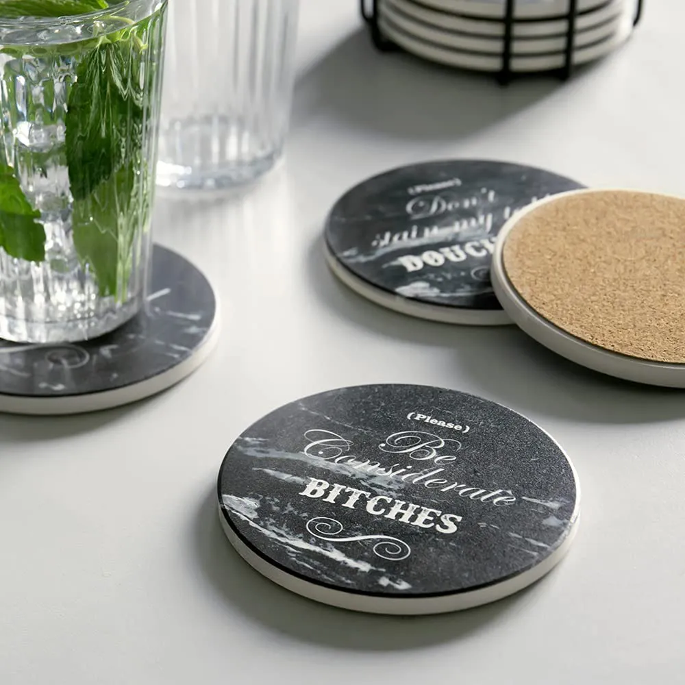 LIFVER Funny Coasters for Drinks with Holder, Set of 8 Black Marble Style Absorbent Drink Coasters with Cork Base, Bar Coaster with 4 Sayings, Housewarming Gift Idea, for Tabletop Protection, 4 inch