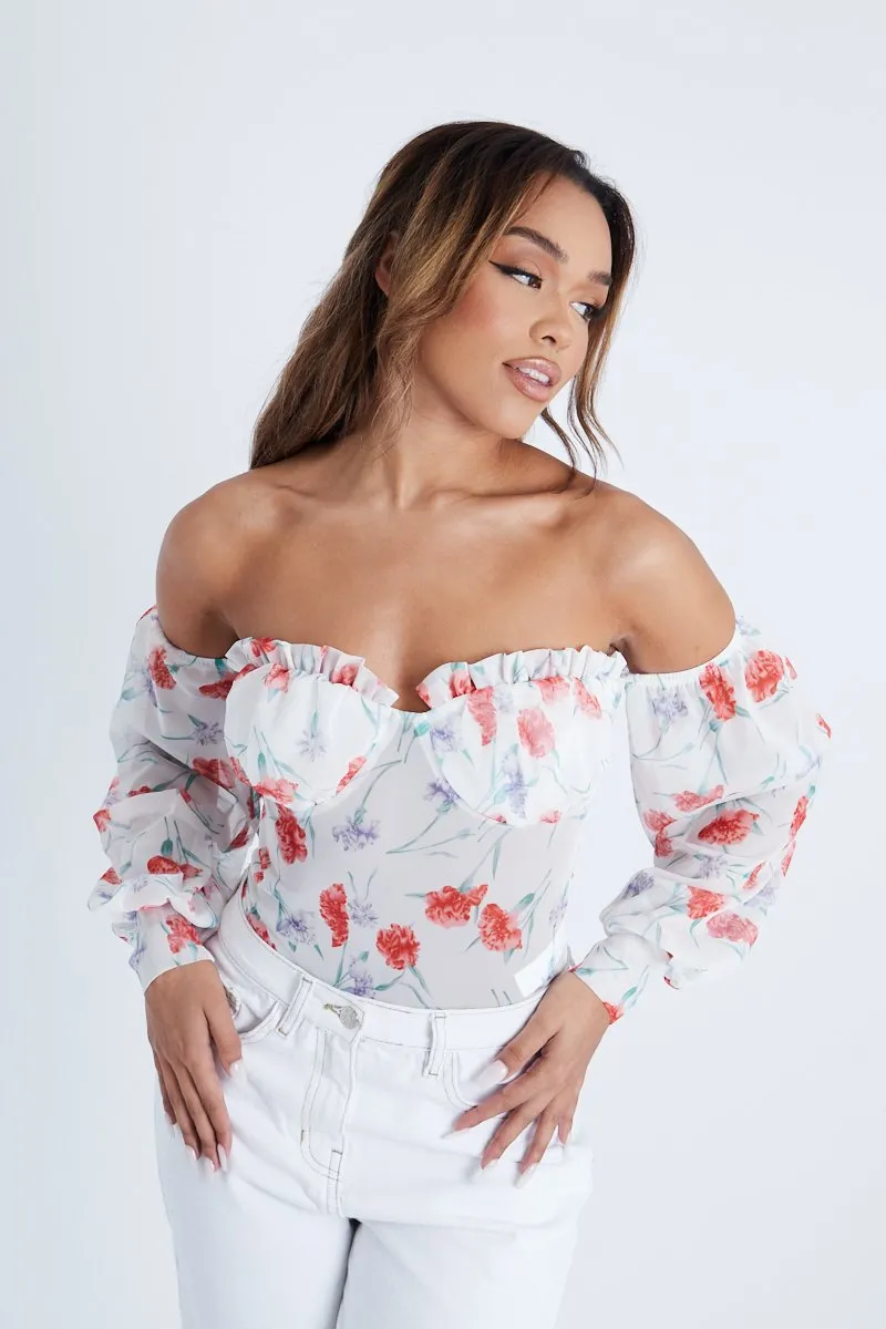 Lilac Floral Bardot Off The Shoulder Mesh Bodysuit - Hayle