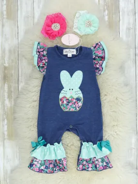 Navy & Mint Floral Bunny Ruffle Romper