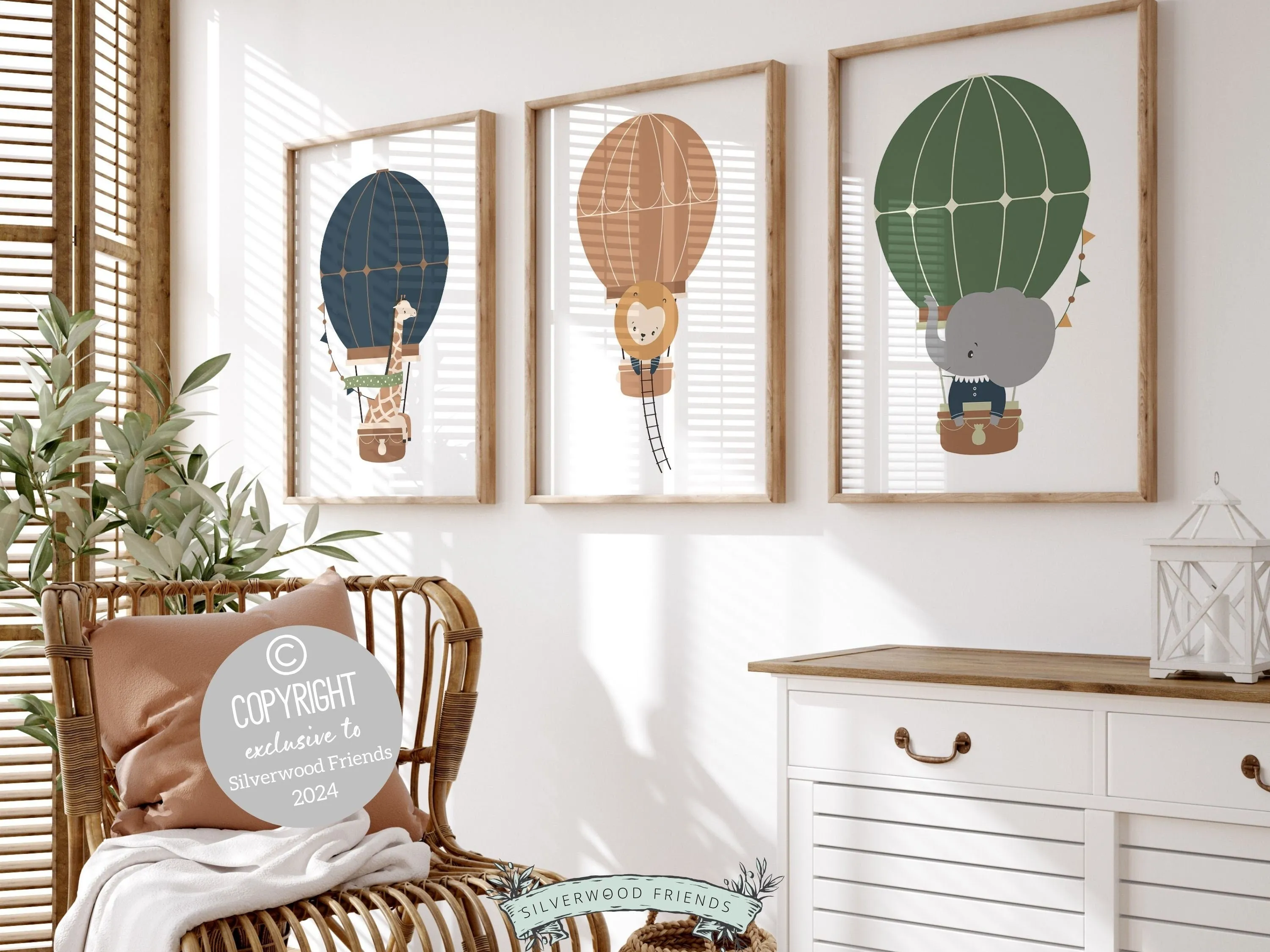 Neutral Safari Animal Hot Air Balloon Prints