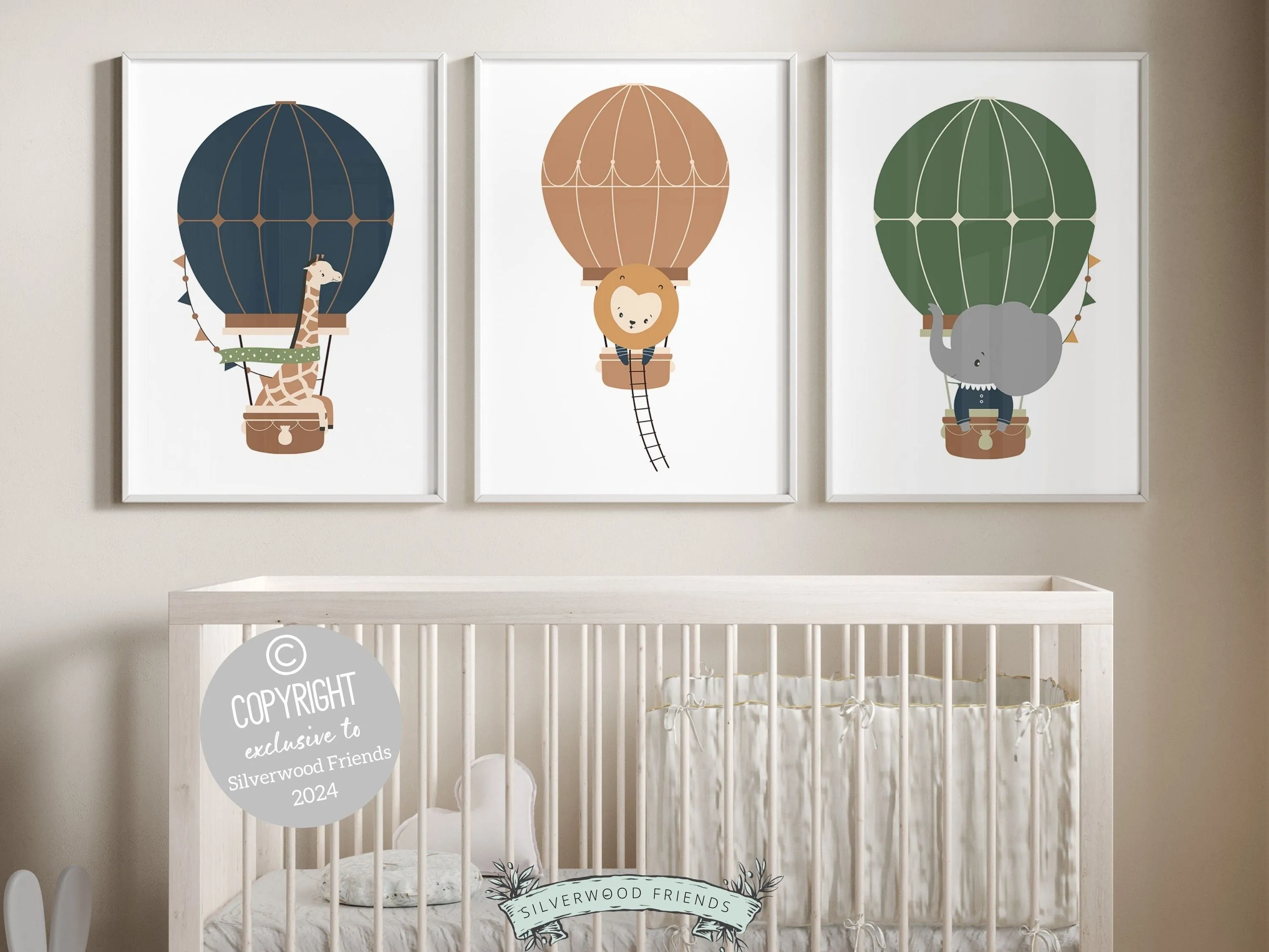 Neutral Safari Animal Hot Air Balloon Prints