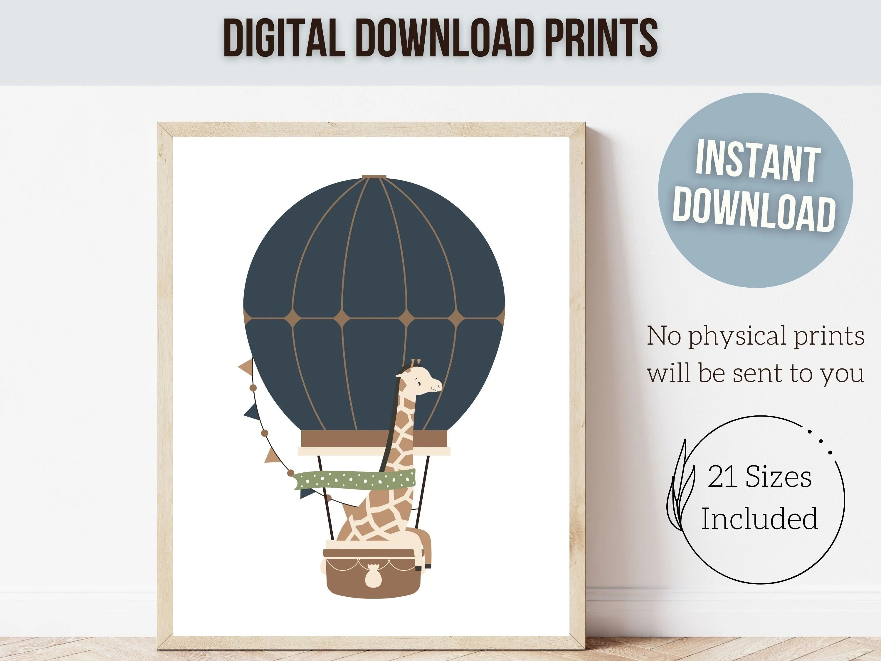 Neutral Safari Animal Hot Air Balloon Prints