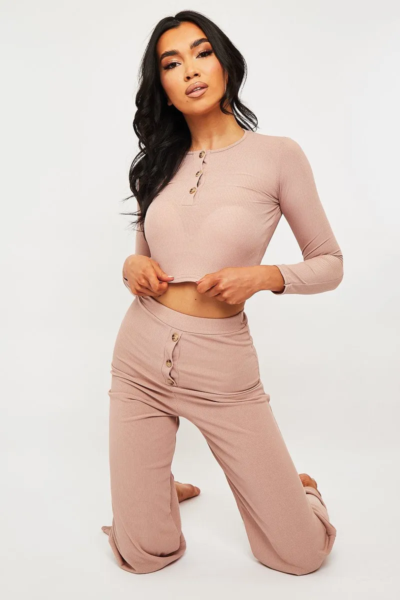 Pink Ribbed Button Front Top   Trouser Co-ord - Emani