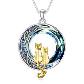 Sterling Silver Blue Circle Crystal Cat Pendant Necklace