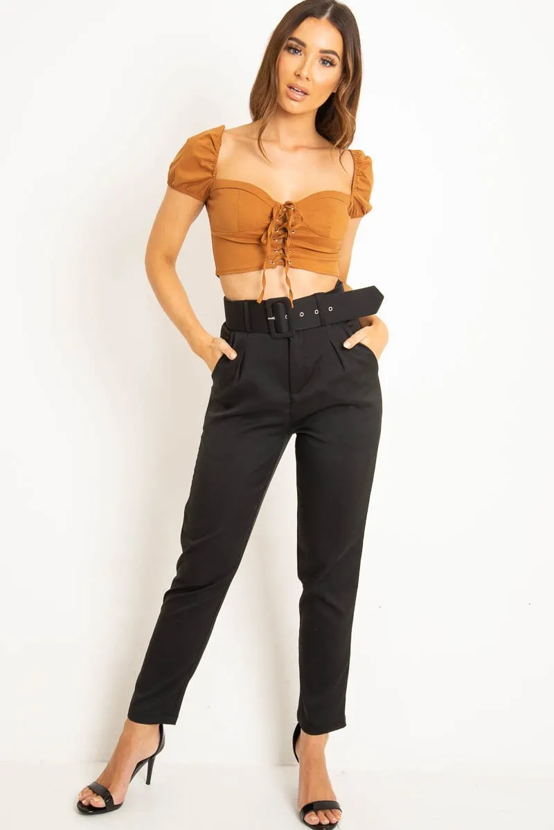 Tan Puff Sleeve Lace Up Front Crop Top - Kandis