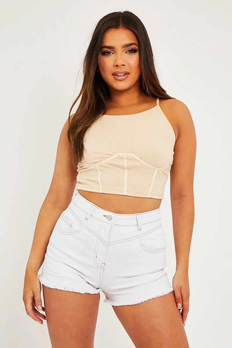 White Contrast Stitch Frayed Hem Denim Shorts - Jessie