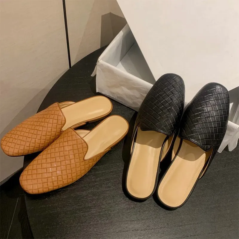 Woven Leather Mules for Women Backless Loafers in Black/Apricot